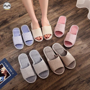 Phong cách Nhật Bản Phong cách Muji / Dép cặp đôi vải lanh sọc / Dép sandal gia đình dày dặn trong nhà / Dép tắt tiếng sàn gỗ
