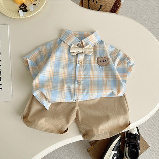 (6m-6Yrs) Bộ mùa hè ca rô tươi mát cho bé trai - Trang phục trẻ mới biết đi lấy cảm hứng từ Hàn Quốc thời trang với áo ngắn tay