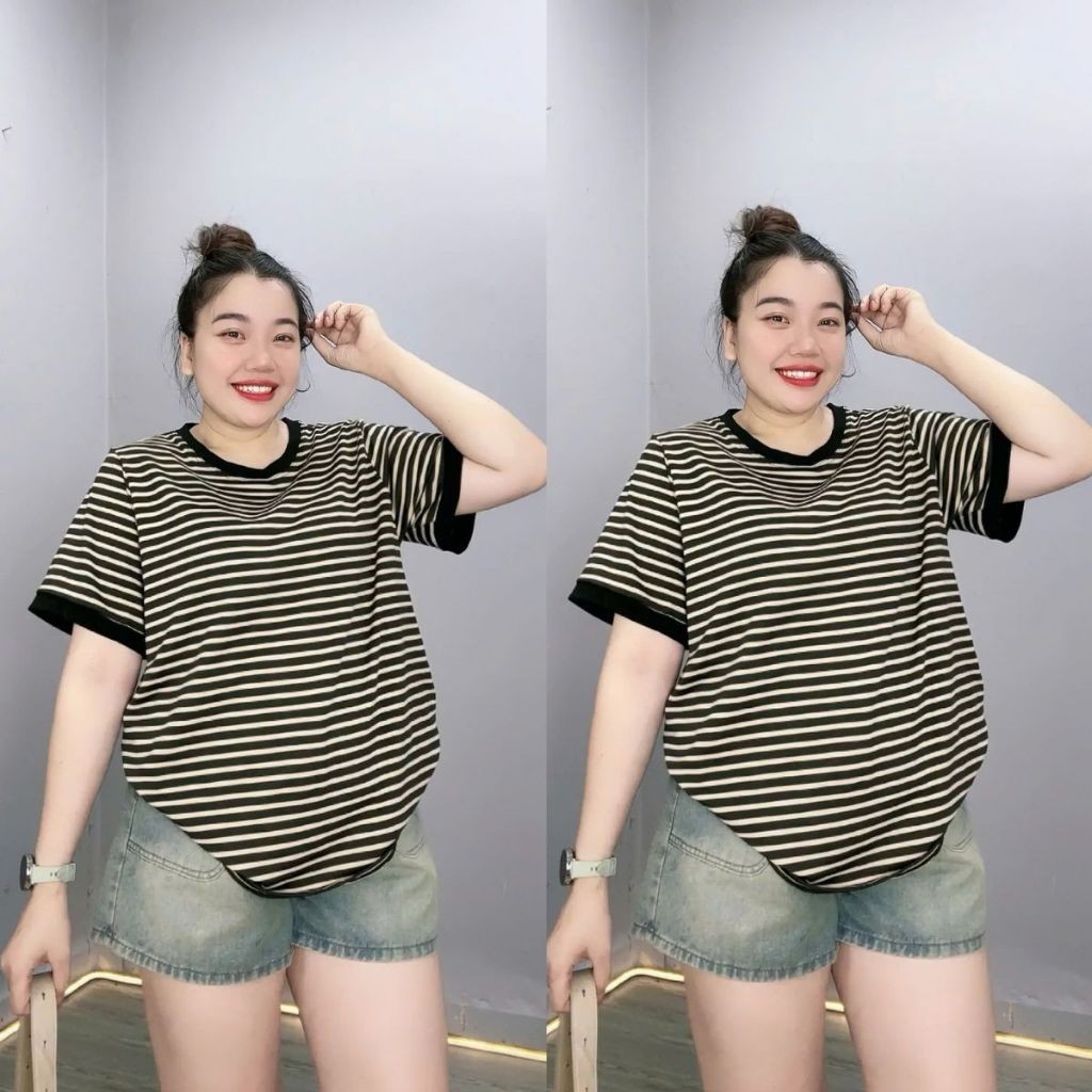 Áo Thun Oversize Bigsize Nữ – Phom Rộng Kẻ Sọc Phối Viền Màu, Thoải Mái Size 50-92kg A294
