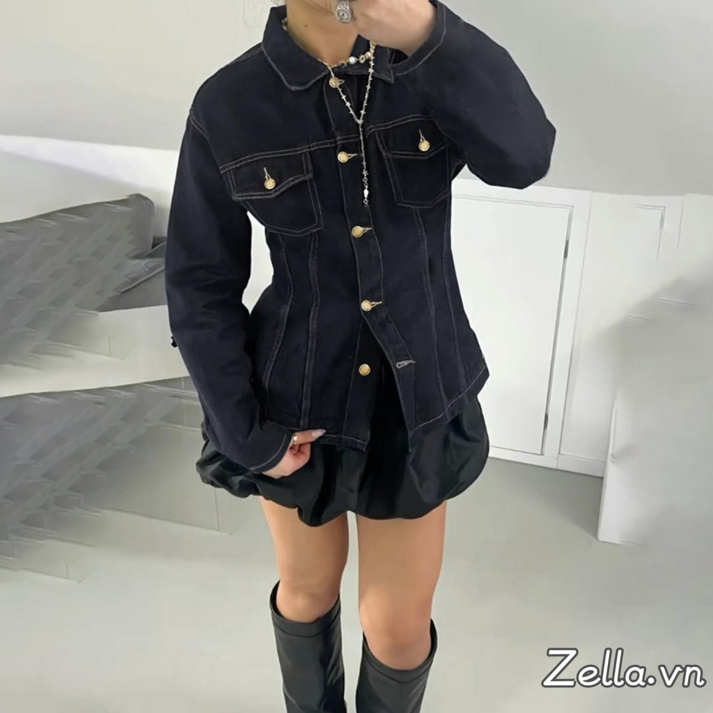 Áo Denim nữ dài tay cổ rẽ cổ áo màu trơn có túi