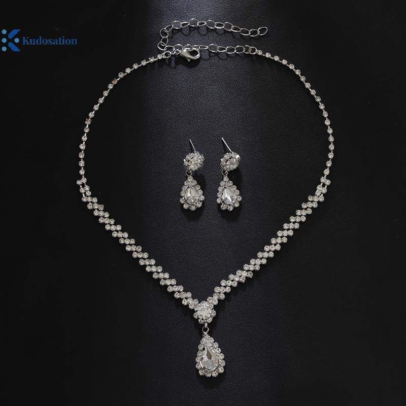 Kudosation Thời Trang Đơn Giản Giọt Nước Pha Lê Kim Cương Giả Vòng Cổ Bông Tai Nữ Cưới Ánh Sáng Sang Trọng Bộ Trang Sức Phụ Kiện