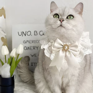 【Ready Stock】 Popular White Wedding Dress Pet's Saliva Towel Cat Wedding Bow Collar Dog Senior Bib and Neckerchief Bib HTl1