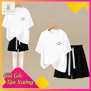 Sét Bộ Quần đùi trơn + mix áo phông form rộng-mặt cười in ngực-
