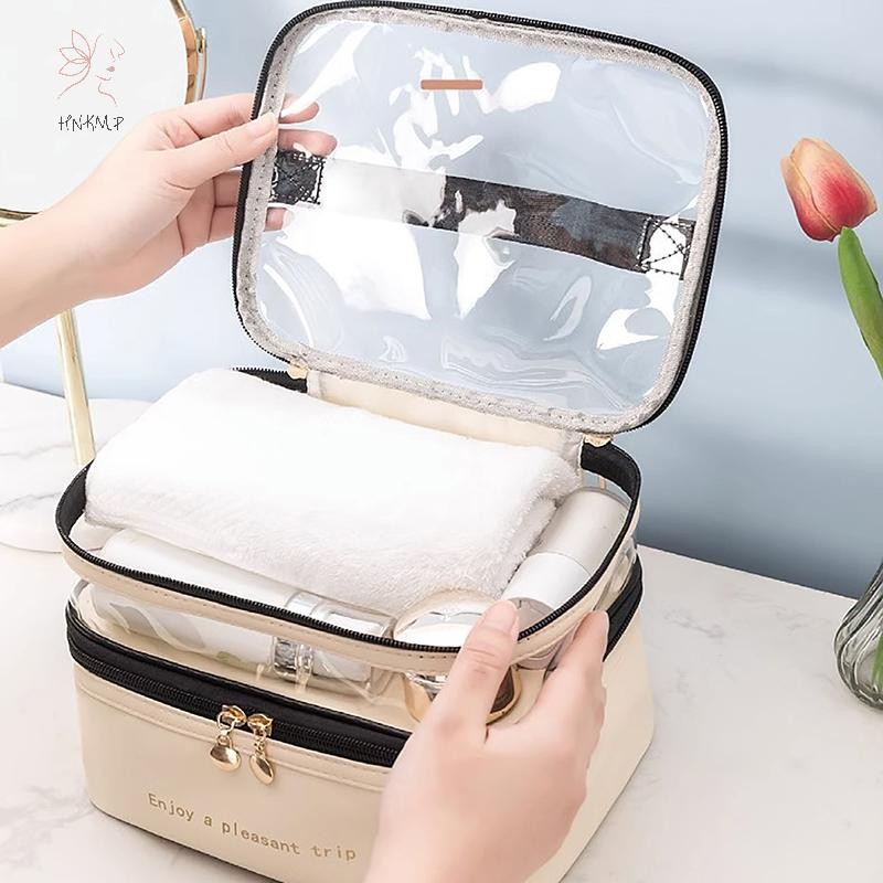 Túi đựng mỹ phẩm nữ PVC chống thấm nước HNKMP Đồ vệ sinh bằng da du lịch di động Dụng cụ trang điểm du lịch dung tích lớn.