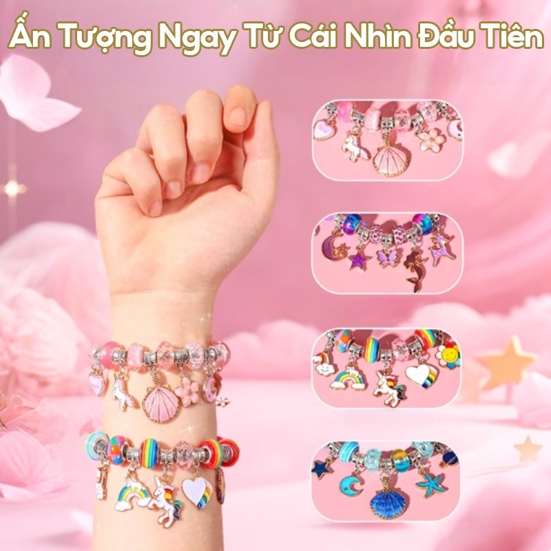 Set/Bộ Charm Pandora 66 Chi Tiết Vòng Tay Tự Làm Cho Bé, cho bé đồ chơi vòng đeo tay đính cườm