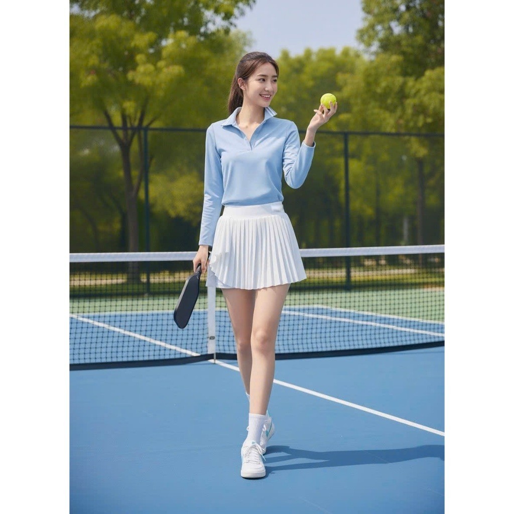 [PICKLEBALL] Bộ thể thao nữ, Áo dài tay mix váy xếp ly chơi pick, Golf, Tennis, Pickleball, cầu lông...