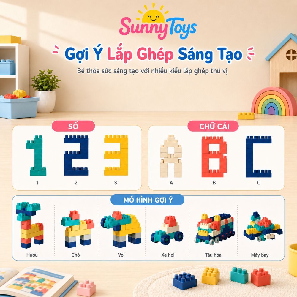 Bộ Xếp Hình 520 Chi Tiết To SunnyToys  - Bé Lắp Nhà, Xe Và Mô Hình Sáng Tạo
