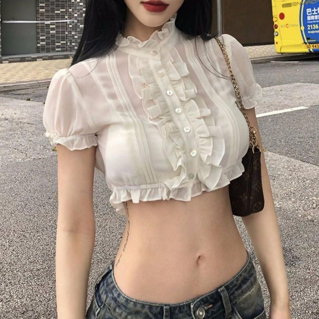 [Hàng mới về] Áo sơ mi ngắn xù kiểu Pháp dành cho nữ Pure Desire Puff Tay áo có cổ đứng hẹp eo hẹp cho bé gái nóng bỏng