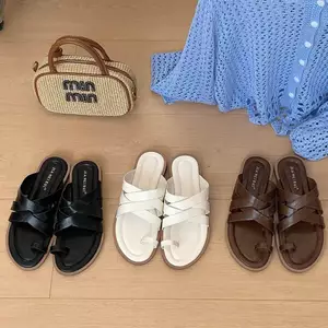 TT Phiên Bản Hàn Quốc Cross Strap Cover Toe Sandals Nữ Mùa Hè La Mã Giày Da Thật Chính Hãng Dép Đi Biển