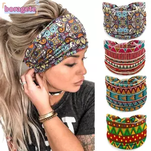 Băng đô rộng BORAGETE, Khăn xếp in hoa nút thắt cổ điển, Khăn trùm đầu in hình vành rộng Boho co giãn dành cho nữ