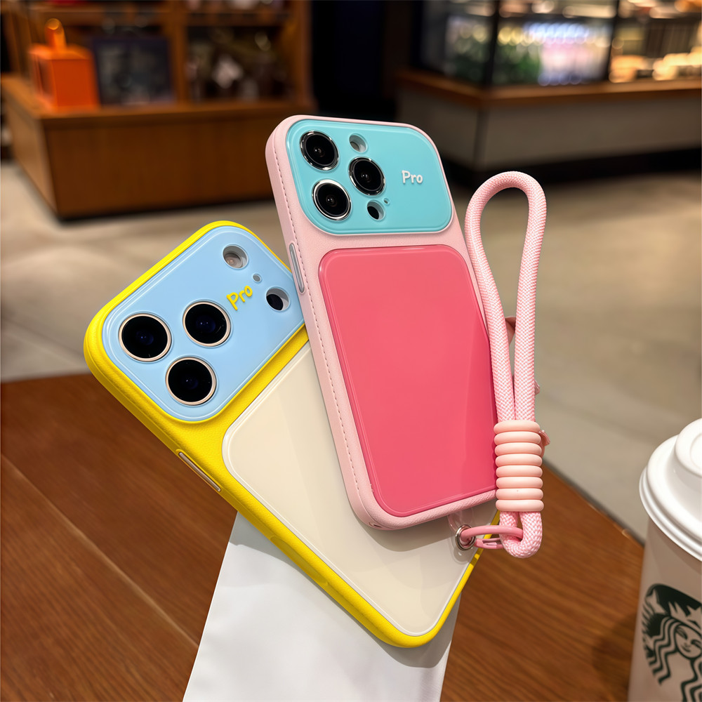 Ốp điện thoại dây đeo cổ tay màu tương phản thời trang cho iPhone 17 Pro Max 13 14 15 16 pro max Bảo vệ ống kính chống rơi Vỏ cứng bảo vệ điện thoại