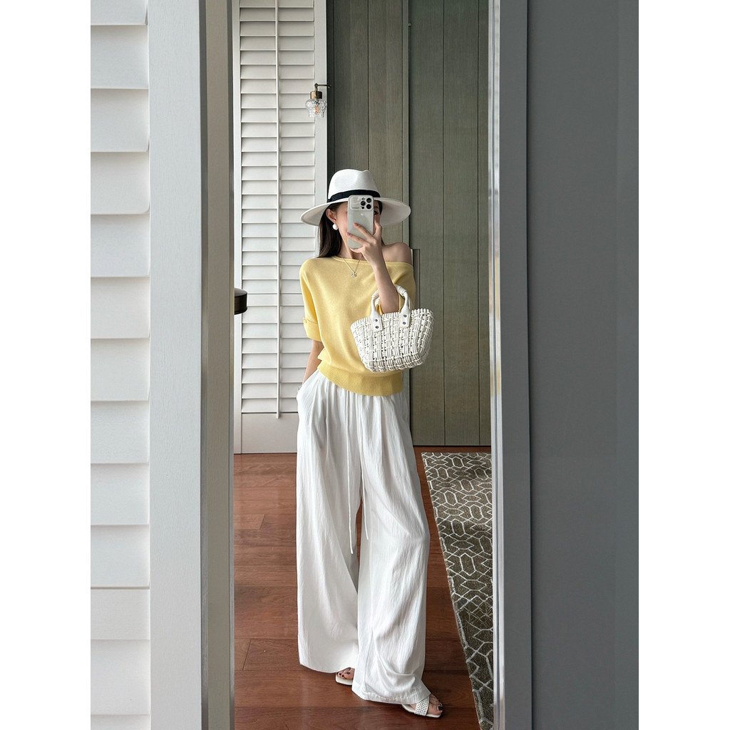 SUXI Áo dệt kim ngắn tay lệch vai phong cách Hàn Quốc mùa hè dành cho nữ 260617
