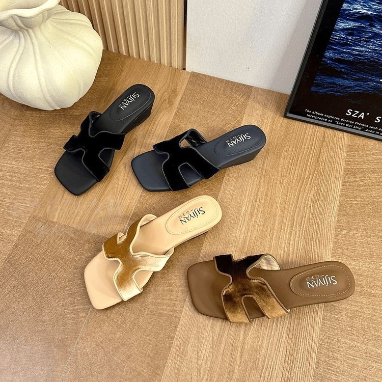 Pháp Mũi Vuông Mở Mũi Retro Giữa Gót Giày Đế Nêm PU Nữ Chống Trơn Trượt Ngoài Mặc Cao Cấp Thoải Mái Chống Thấm Nước Dép