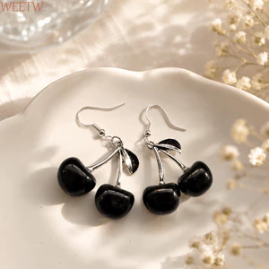 Bông tai anh đào WEETW, kiểu dáng Dangle, trang sức tai phóng đại, chất liệu nhựa sáng tạo, phong cách dễ thương cho nữ
