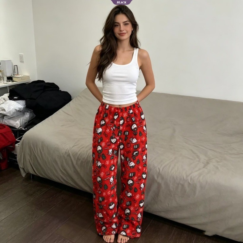 Hoạt Hình Đáng Yêu KT Mèo Nữ Lông Cừu Lót Pyjama Quần Thu Đông Ấm Áp Flannel Rời Thường Ngày Mặc Ở Nhà Người Nhện Hello Kitty