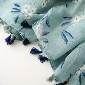 Nhỏ Tươi Lá Xanh In Hình Vải Lanh Cotton Tua Rua Khăn Nữ Trang Trí Đa Năng Chống Nắng Khăn Choàng Lớn 6.21
