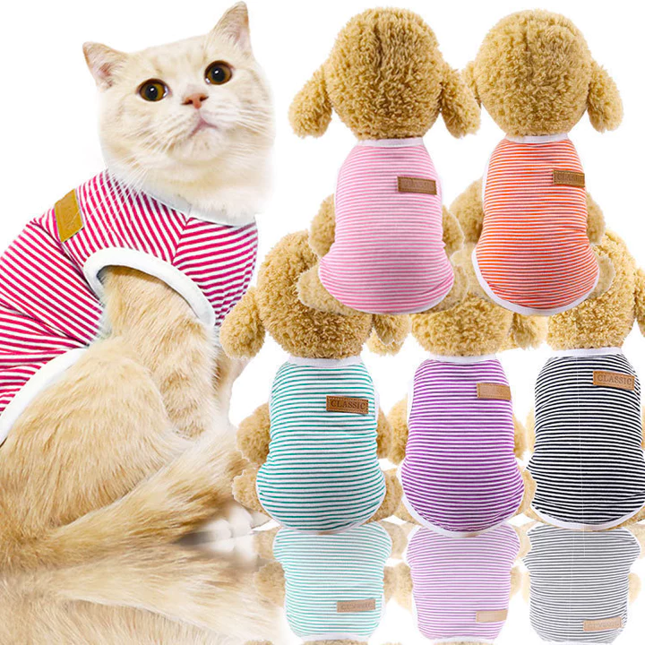 Quần áo thú cưng cho chó và mèo, áo vest sọc cotton, đồ dùng cho chó nhỏ và vừa, quần áo mèo, quần áo thú cưng tay ngắn