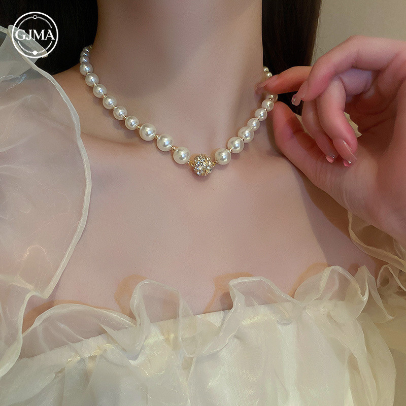 Vòng cổ ngọc trai tráng kim cương sang trọng của Pháp, phụ kiện dây chuyền xương đòn cổ điển thời trang dành cho nữ