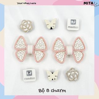 Bộ 8 Sticker, Charm 3D chủ đề Nơ tim lớn nhựa cứng gắn Dép Sục, Cá Sấu Mita JB-384