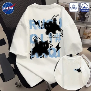 （Giao hàng 24h）Angela Áo thun trắng NASA in hình mèo tia chớp - Form oversize, chất liệu cotton, tay ngắn thời thượng