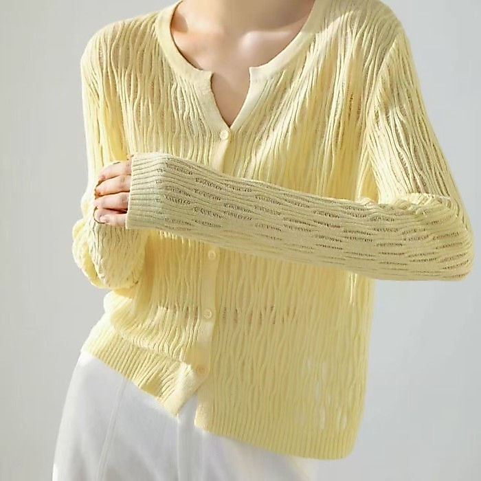 Mùa hè hàn quốc mới băng lụa dệt kim cardigan cổ tròn băng lụa mỏng áo len dệt kim dài tay hà