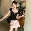 Sweet Hot Girl Suit Pháp Ren Đen Viền Áo Sơ Mi Tay Ngắn + Váy Nơ Niche Nữ Hai Mảnh
