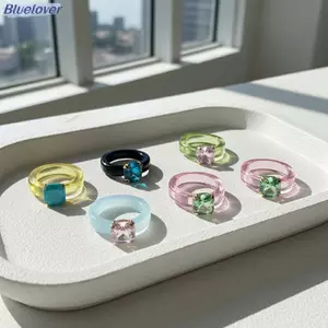 Bluelover Nhiều Màu Sắc Zircon Kẻ Sọc Nhựa Nhẫn Nữ Thời Trang Đơn Giản Trang Sức Dự Tiệc Sinh Nhật Hoặc Dễ Thương Quà Tặng Mới