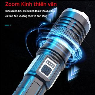 Đèn pin zoom siêu sáng 4 màu, chống nước, có thể dùng làm nguồn điện di động, sạc qua cổng USB và năng lượng mặt trời.