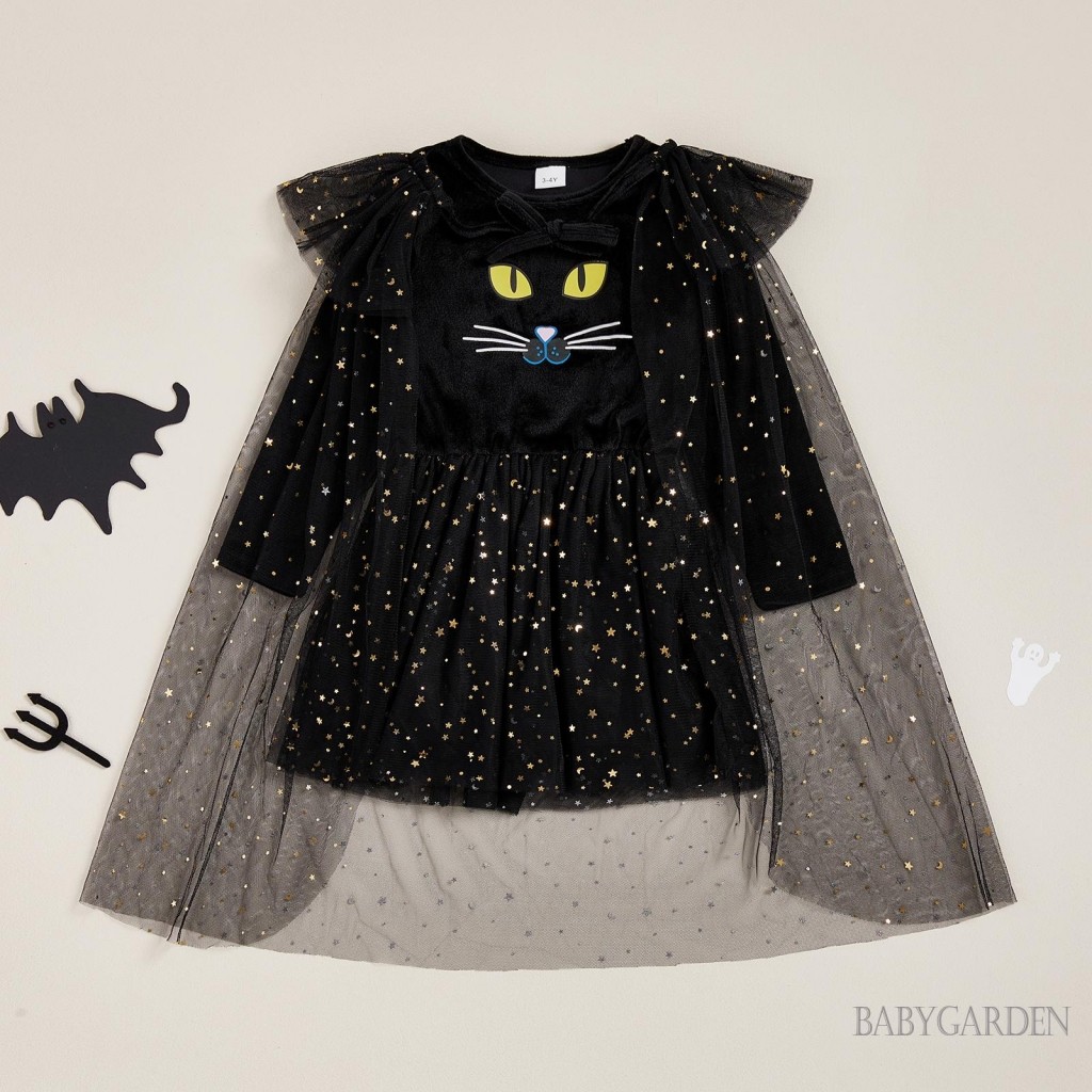 1-6 Tuổi Trẻ Em Bé Gái Halloween Mèo Trang Phục Dài Tay Cổ Tròn Áo Chắp Vá Có Khăn Choàng