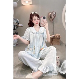 [DEAL MỞ BÁN] Bộ Đồ Ngủ Nữ JUSOKA Pijama Mặc Nhà Cổ Sen Túi Nơ Chất Đũi Vân Nổi Mềm Đẹp Cho Nữ DU17