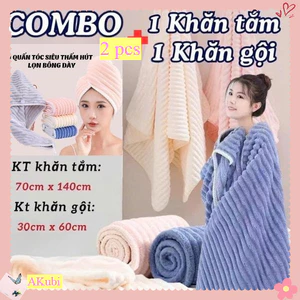 1 Khăn Tắm & 1 Khăn Gội Khăn Ủ Tóc Thấm Hút Tốt Khăn Lau Tóc Chất Liệu Mềm Mịn kícḣ Thước 70cm x 140cm &
