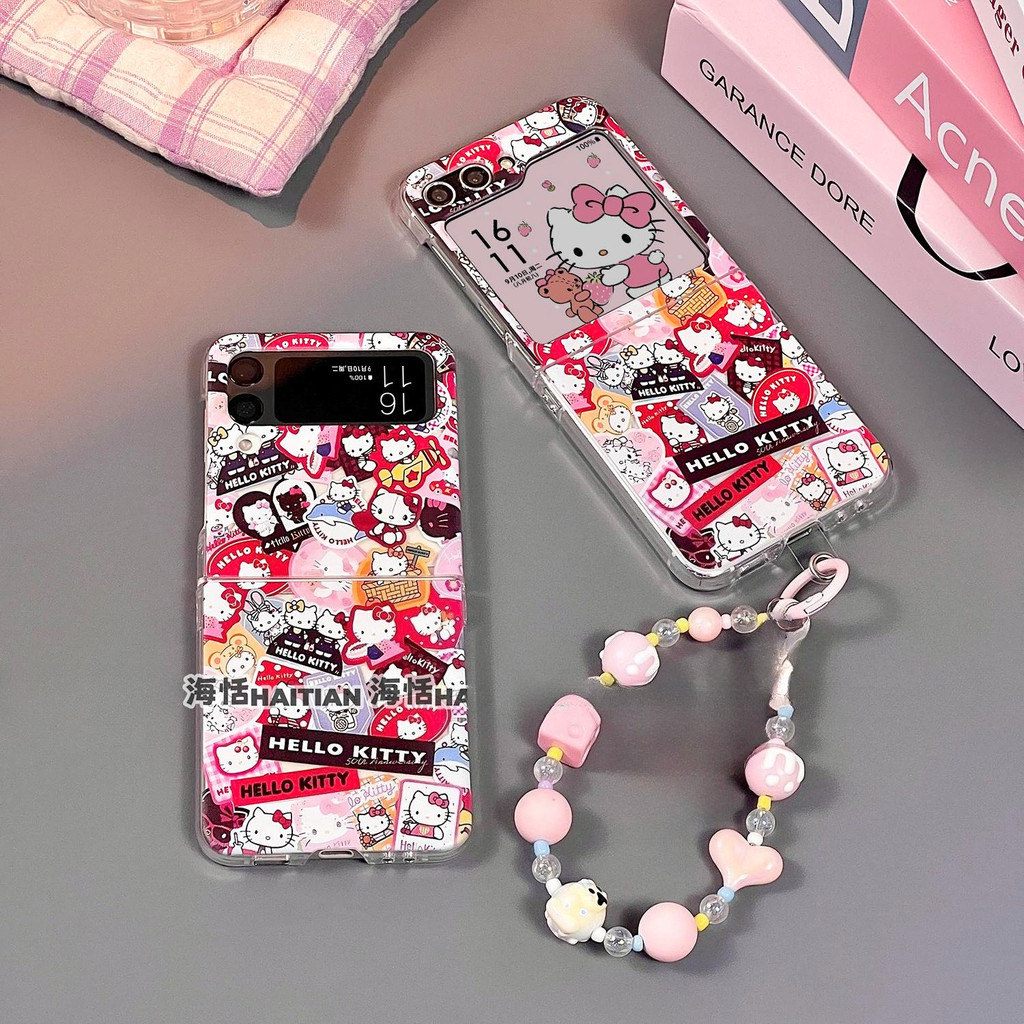 Ốp Điện Thoại Thích Hợp Cho Samsung Galaxy ZFlip7 Hoạt Hình Hoạt Hình Dễ Thương Mèo kitty Vòng Tay Cho ZFlip 7 6 5 4 3 5G N3Flip MixFlip Dây Có Thể Gập Lại Vỏ Bảo Vệ Cứng