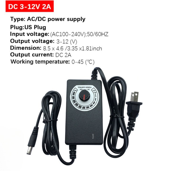 【COD】Bộ nguồn adapter 3-12V 2A có núm vặn điều chỉnh và đèn báo, tương thích với đèn LED, quạt và máy phun sương mini