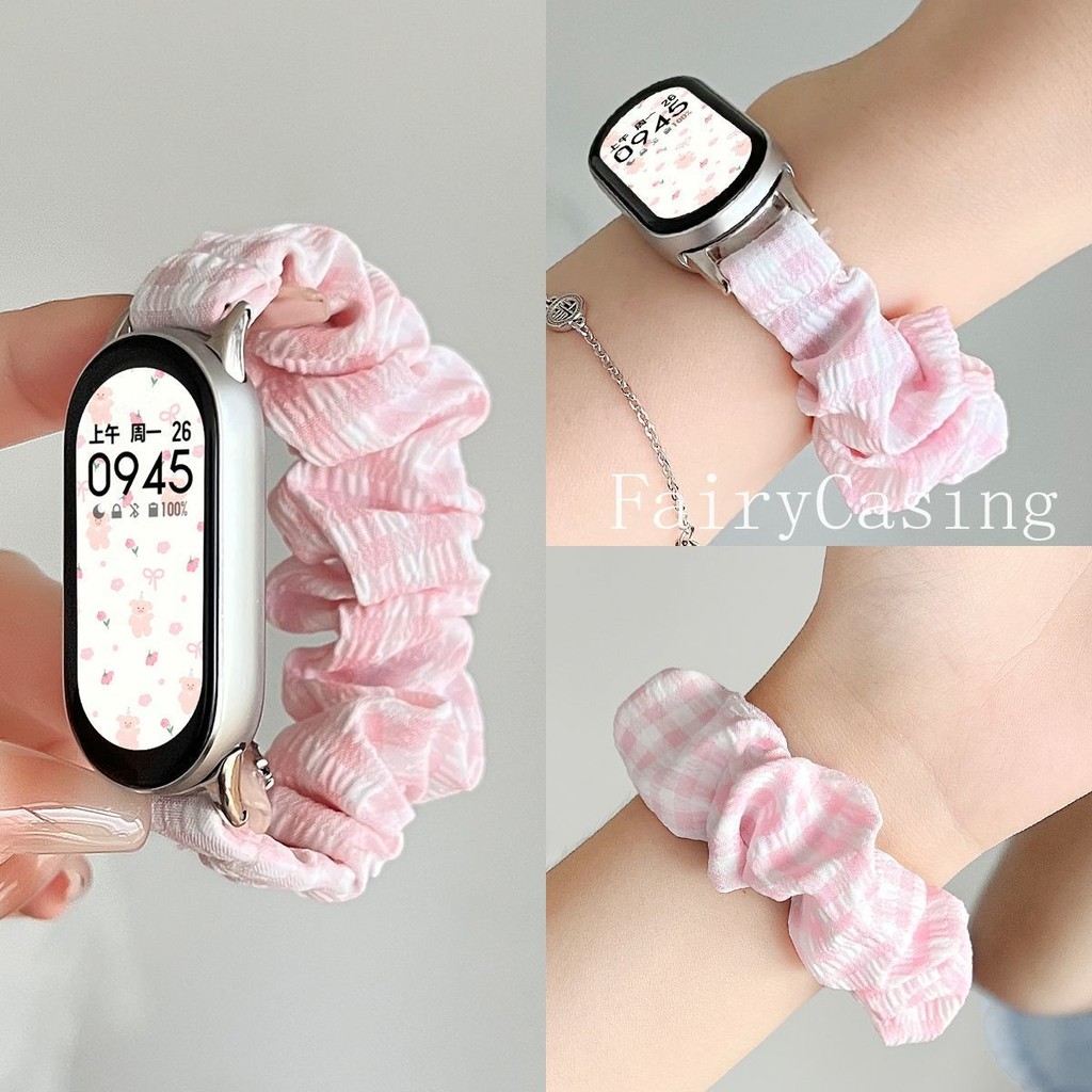 Vòng tay kẻ sọc đàn hồi cho Xiaomi Mi Band 10 9 8 7 6 5 4 3 Dây đeo đồng hồ Cotton cho Mi Band 10Ceramic Scrunchies Dây đeo cổ tay