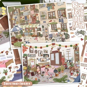 ENWEI 5 Cái [Retro Vintage Series] Miếng dán phong cảnh cực lớn 3D chống thấm nước Cửa hàng tạp hóa nhỏ Áp dụng Son môi Phong cách hoạt hình để ghi nhật ký Trang trí sổ lưu niệm