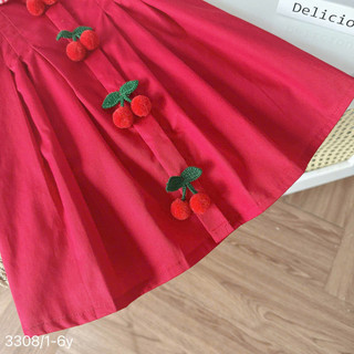 Váy Đỏ Tết Noel Cộc Tay Cổ Sen Caro Đính Cherry Cho Bé Gái Chất Thô Lụa 8-26kg