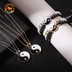 CANAMEK 2 Chiếc Tai Chi Âm Dương Cặp Đôi Vòng Tay Nelaces Bộ Mặt Dây Chuyền Có Thể Điều Chỉnh Bện Dây Chuyền Vòng Tay Phù Hợp Với Người Yêu Vòng Tay Choker CSF