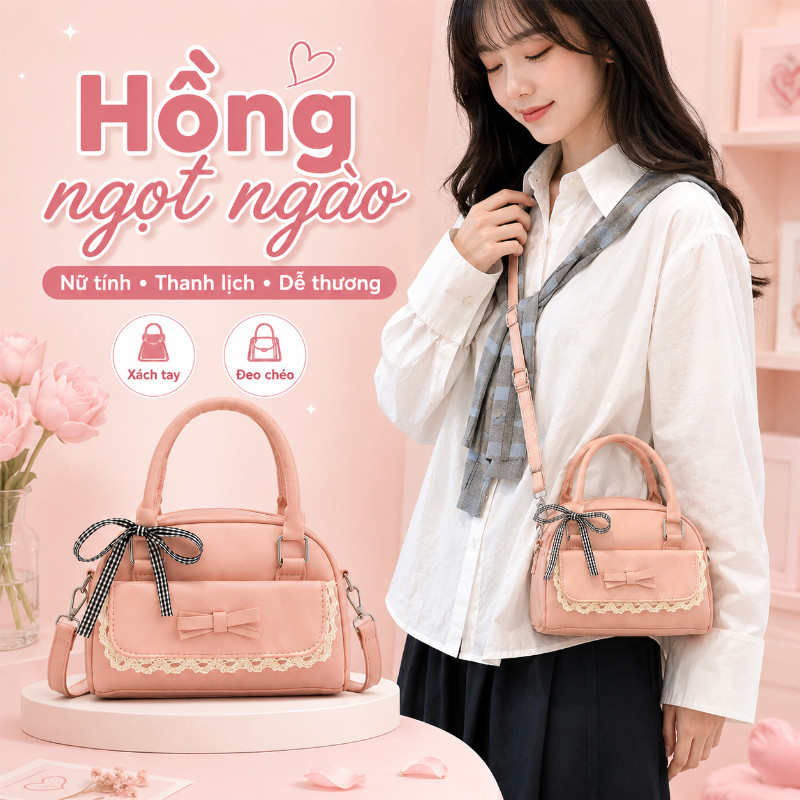 Túi Xách Da PU Phối Ren Thời Thượng - Phong Cách Tiểu Thư Thanh Lịch, Thiết Kế Tinh Tế Cho Mọi Cô Gái Yêu Cái Đẹp
