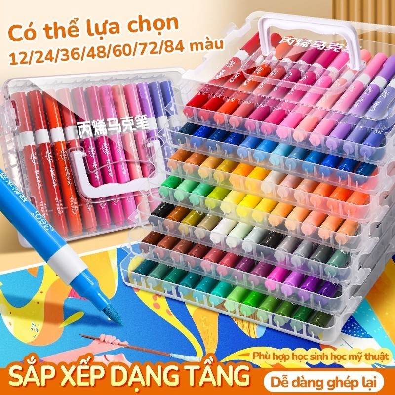 Bút màu acrylic marker ngòi brush linh hoạt hộp 60/72/84 màu tươi sáng cho học sinh vẽ DIY