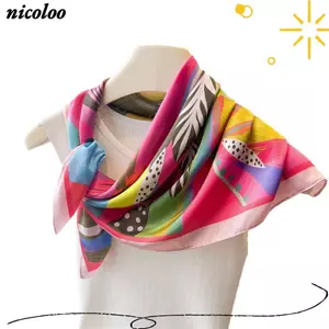 Khăn vuông in hình NICOLOO, Khăn lụa giả thoáng khí nhẹ, Thiết kế in hình sang trọng thời trang Khăn quàng cổ đa năng Trang phục đi biển