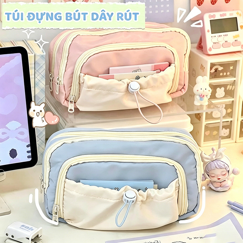 Túi Bút Vải Năm Lớp Đa Năng – Có Dây Kéo Dây Rút, Sức Chứa Lớn, Kiểu Dáng Hàn Quốc Dễ Thương Cho Nữ