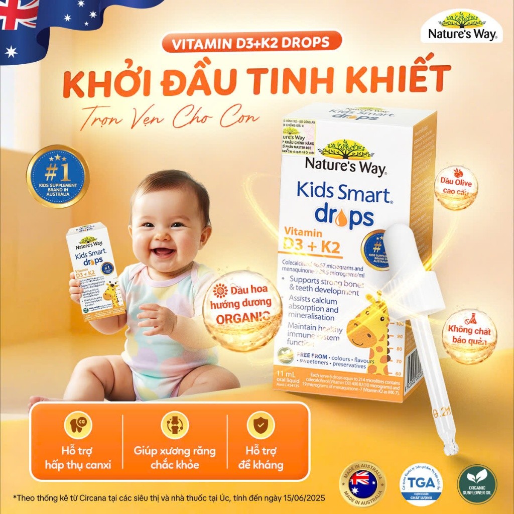 Vitamin D3K2 Nature's Way, Với Dầu Hoa Hướng Dương Organic, Giúp Bổ sung Vitamin D3, K2-MK7 Cho Trẻ Sơ Sinh Hộp 11ml