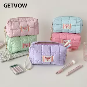Túi đựng bút chì GETVOW, Bút chì chần bông dung tích lớn đa chức năng, Túi trang điểm màu trơn