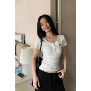 Áo thun ngắn tay cổ Henry thêu chữ cho nữ mùa hè Phong cách mới Slim @ -