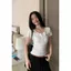 Áo thun ngắn tay cổ Henry thêu chữ cho nữ mùa hè Phong cách mới Slim @ -