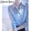 Phổ Biến Áo Sọc Xanh Nữ Áo Dài Tay Nữ OL Work Top Áo Sơ Mi Đồng Phục
