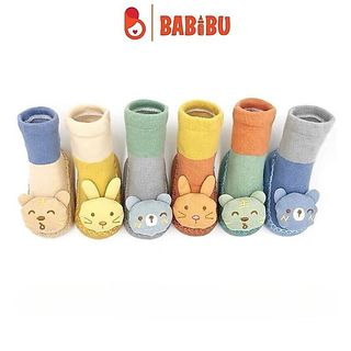 Giày tập đi, Tất cổ cao, giày da đế chống trượt hình thú in nổi cho bé