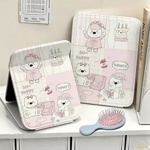 Gương gấp in gấu trắng ngủ dễ thương, gương trang điểm mini dùng tại nhà và ký túc