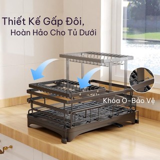 Giá để bát đĩa trên bàn để bếp giá để bát đĩa điều chỉnh được với khay thoát nước giá để bát đĩa kim loại