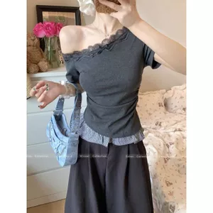 Ren phong cách Hàn Quốc Khâu cổ chéo Áo thun ngắn tay lệch vai nữ Xuân hè Pure Desire bm Xếp ly bên trong vai phía trước Áo ngắn